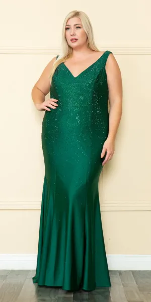 Lindas W1116 Long Plus Size V-Neckline Fitted Rhinestone Gown