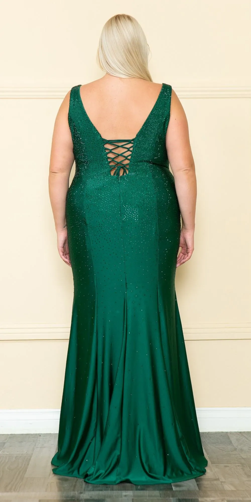 Lindas W1116 Long Plus Size V-Neckline Fitted Rhinestone Gown