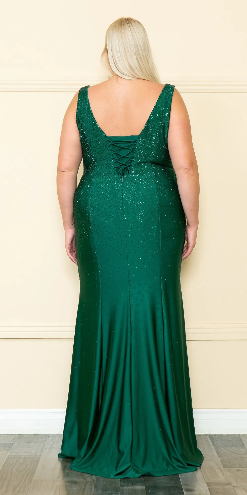 Lindas W1116 Long Plus Size V-Neckline Fitted Rhinestone Gown