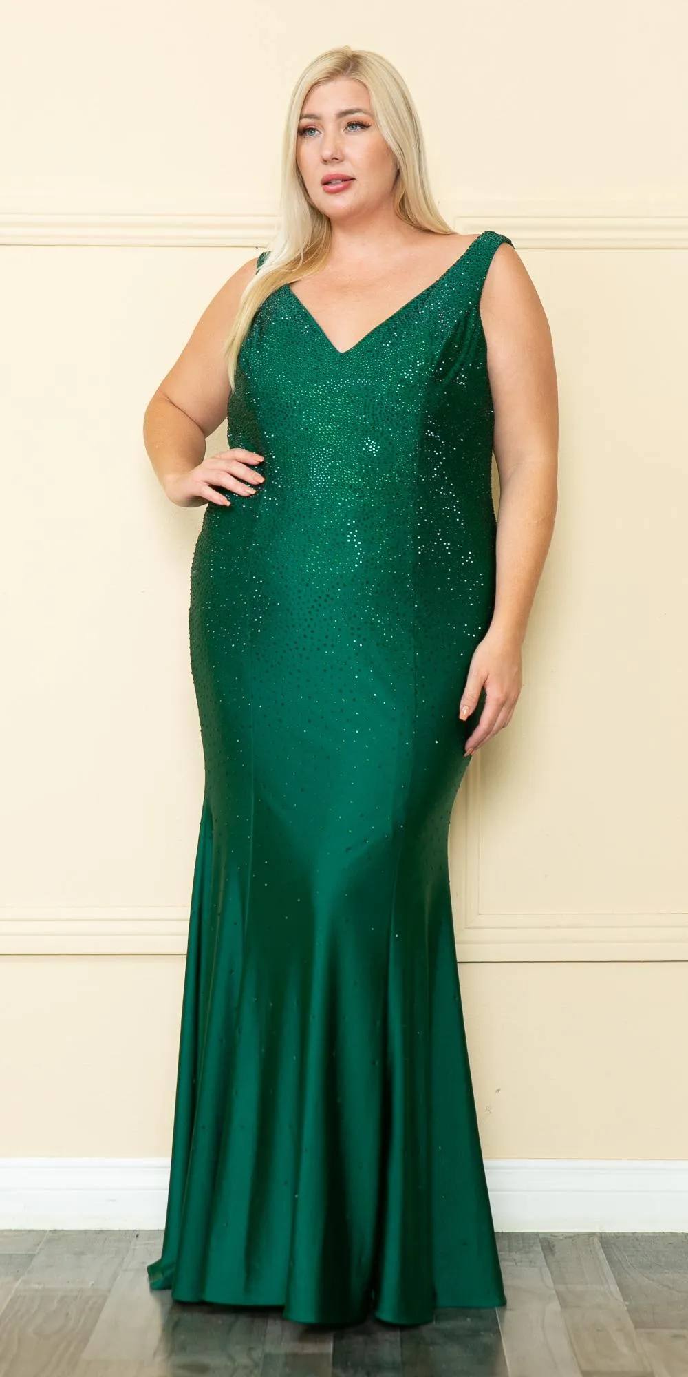 Lindas W1116 Long Plus Size V-Neckline Fitted Rhinestone Gown