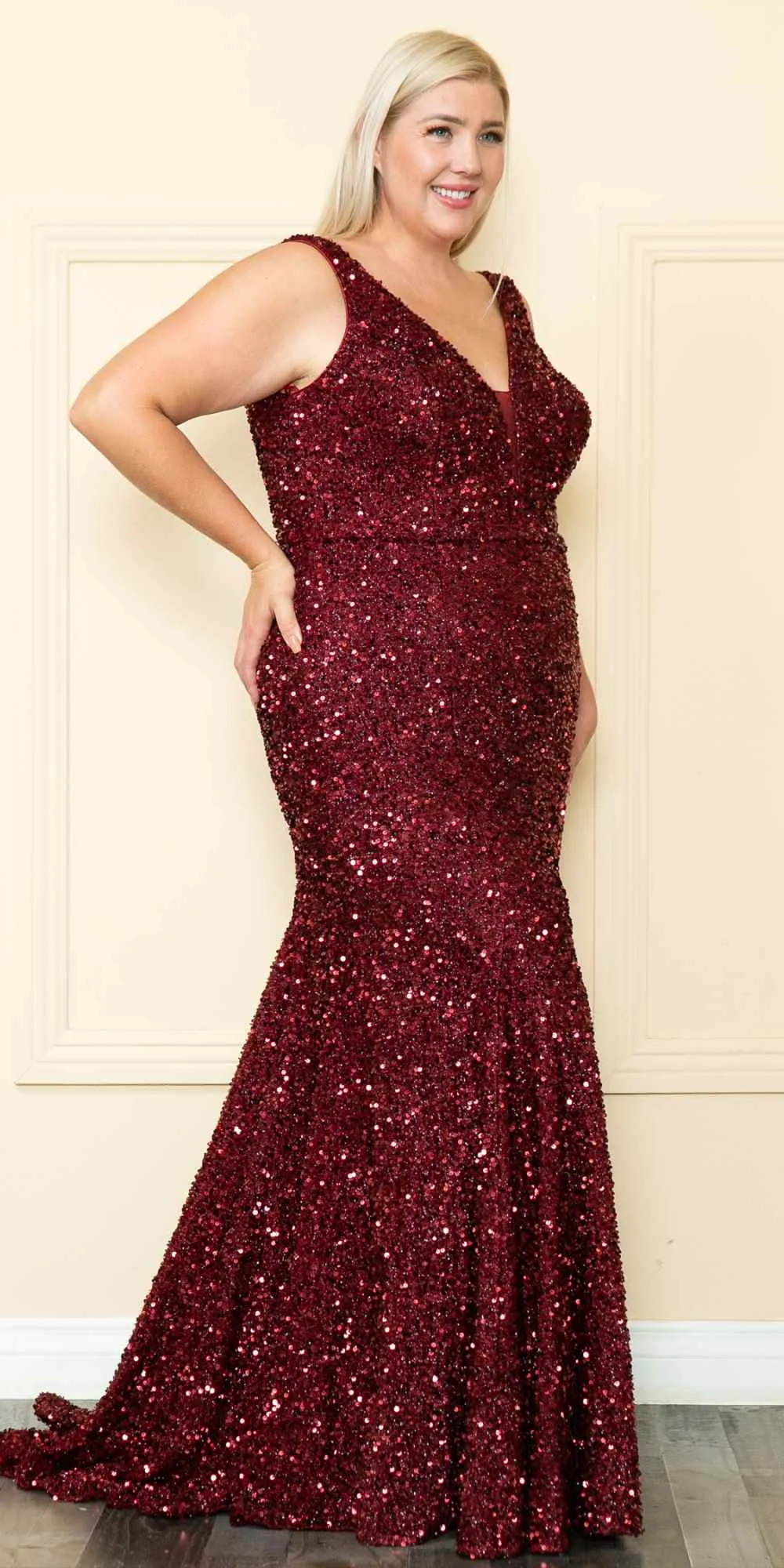 Lindas W1122 Plus Size Long Sequin Sleeveless V-Neckline Gown