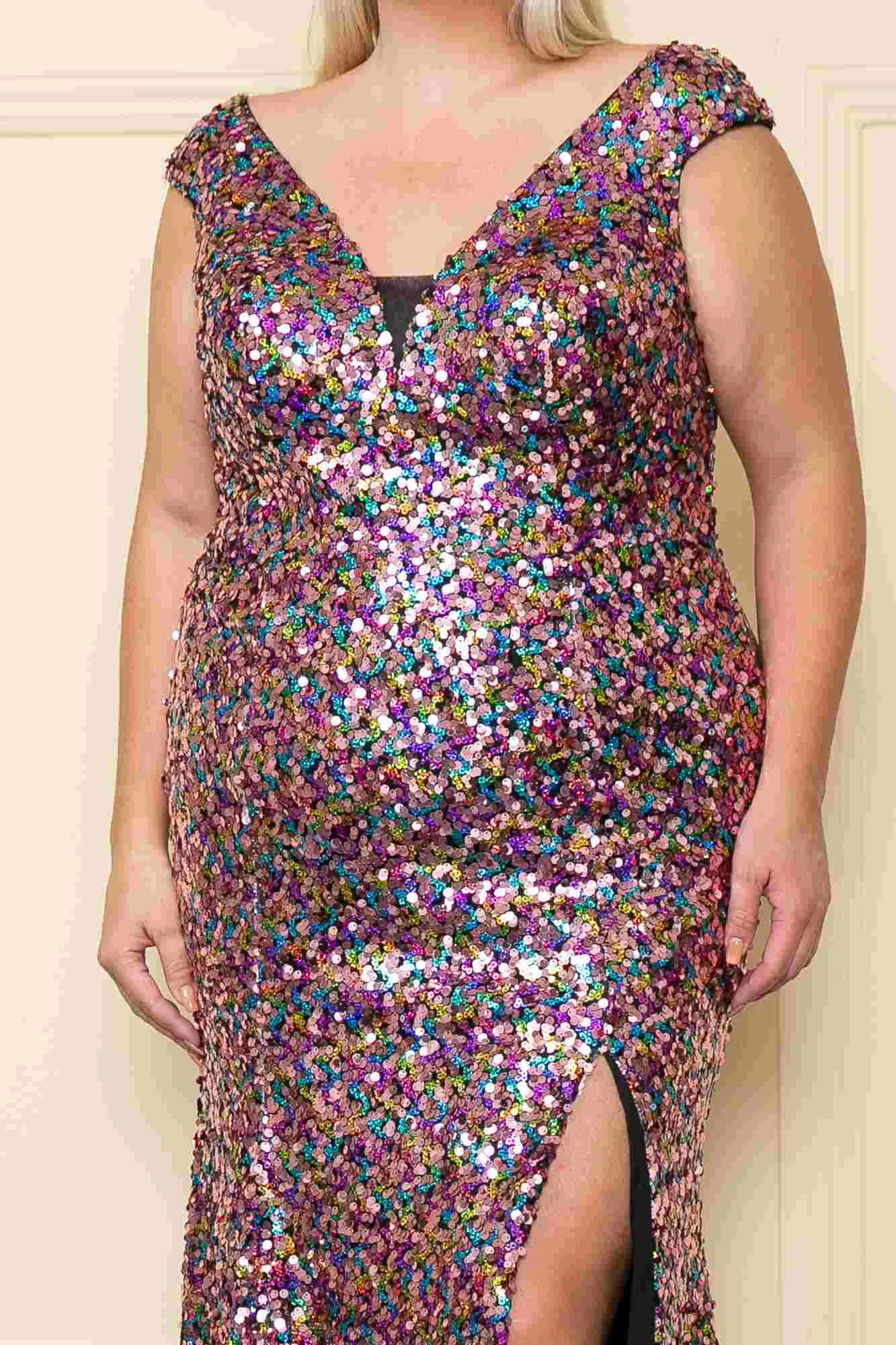 Lindas W1124 Plus Size Fitted Sequin Cap Sleeve V-Neckline Gown