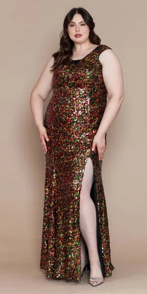 Lindas W1124 Plus Size Fitted Sequin Cap Sleeve V-Neckline Gown