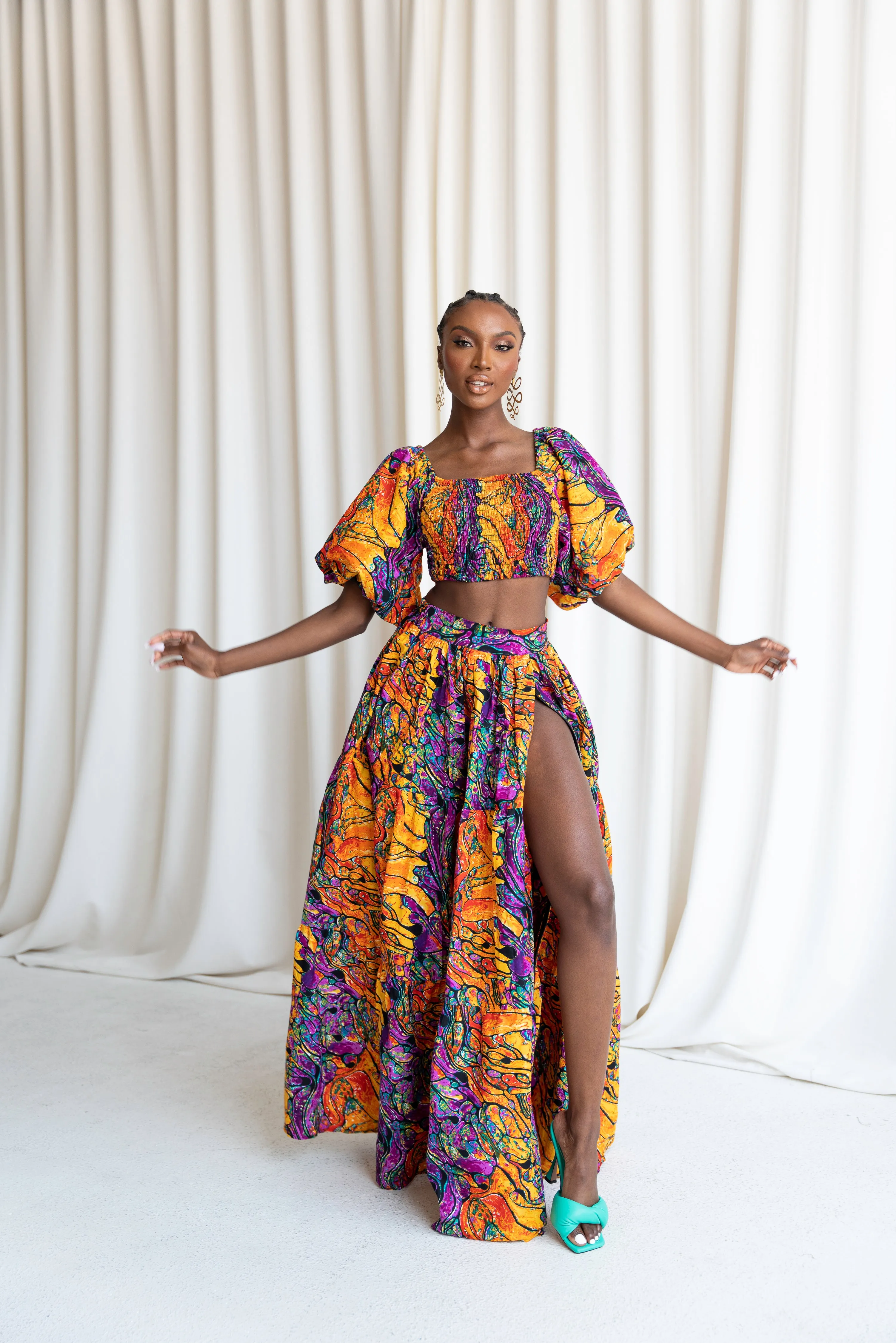 LISA Smocked Puffy Sleeve African Print Crop Top