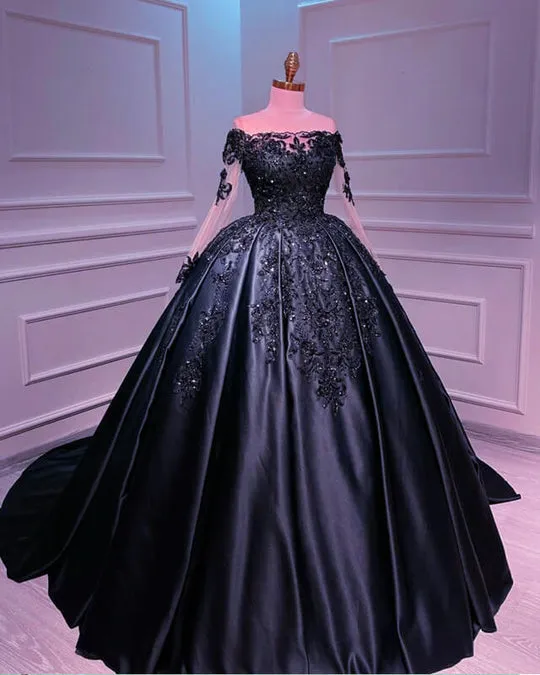 Long Sleeve Ball Gown Lace Appliques Plus Size Satin Prom Dresses UK