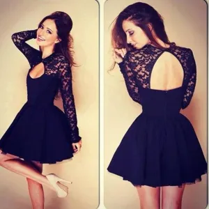 Long Sleeve Black Sexy Unique Lace Homecoming Dresses, BG51467