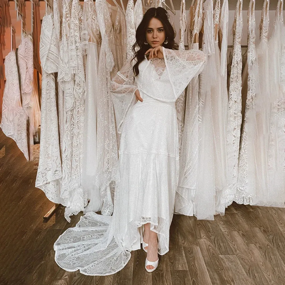 Long Trumpet Bell Sleeves Boho Lace Wedding Bridal Gowns V Neck Backless Customized Plus Size Destination Elopement Bride Dress