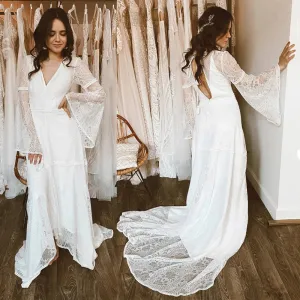 Long Trumpet Bell Sleeves Boho Lace Wedding Bridal Gowns V Neck Backless Customized Plus Size Destination Elopement Bride Dress