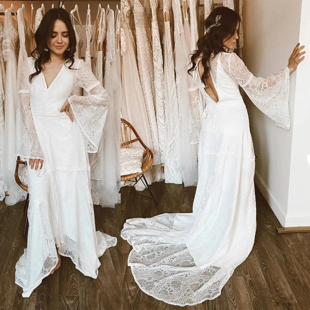 Long Trumpet Bell Sleeves Boho Lace Wedding Bridal Gowns V Neck Backless Customized Plus Size Destination Elopement Bride Dress