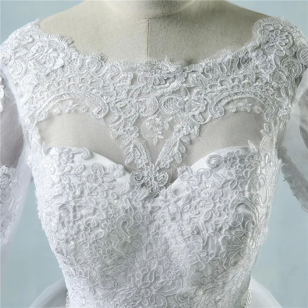 Long Wedding Dress, Lace Wedding Dress, Tulle Wedding Dress, Floor-Length Bridal Dress, 3/4 Sleeve Wedding Dress, Custom Made Wedding Dress, LB0258