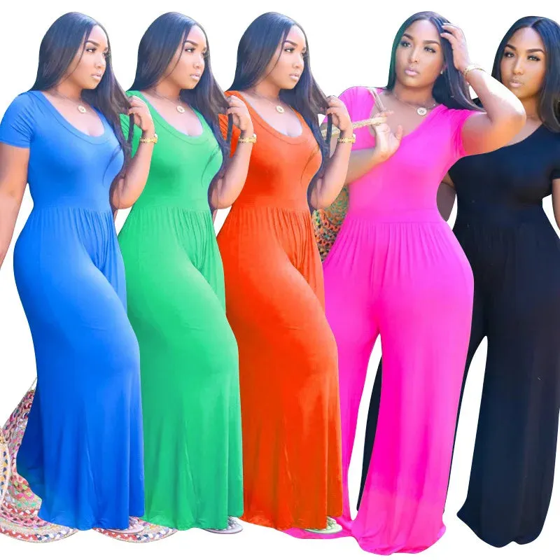 Loose Solid Short Sleeve Jumpsuit