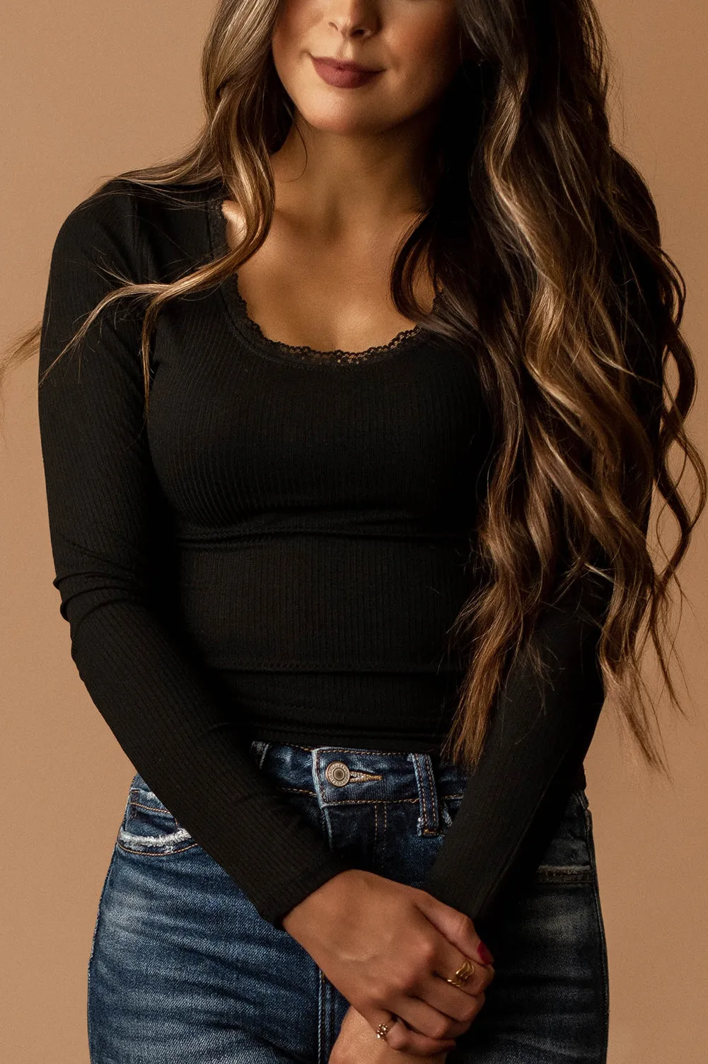 Love Yourself Lace Trim Long Sleeve Top (Black)