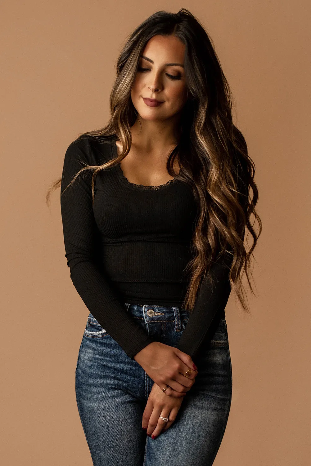 Love Yourself Lace Trim Long Sleeve Top (Black)