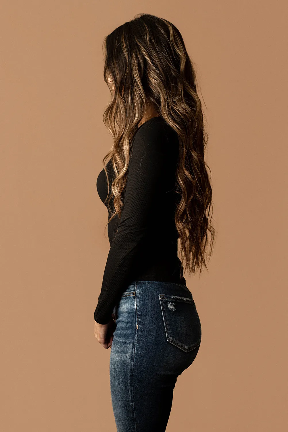 Love Yourself Lace Trim Long Sleeve Top (Black)