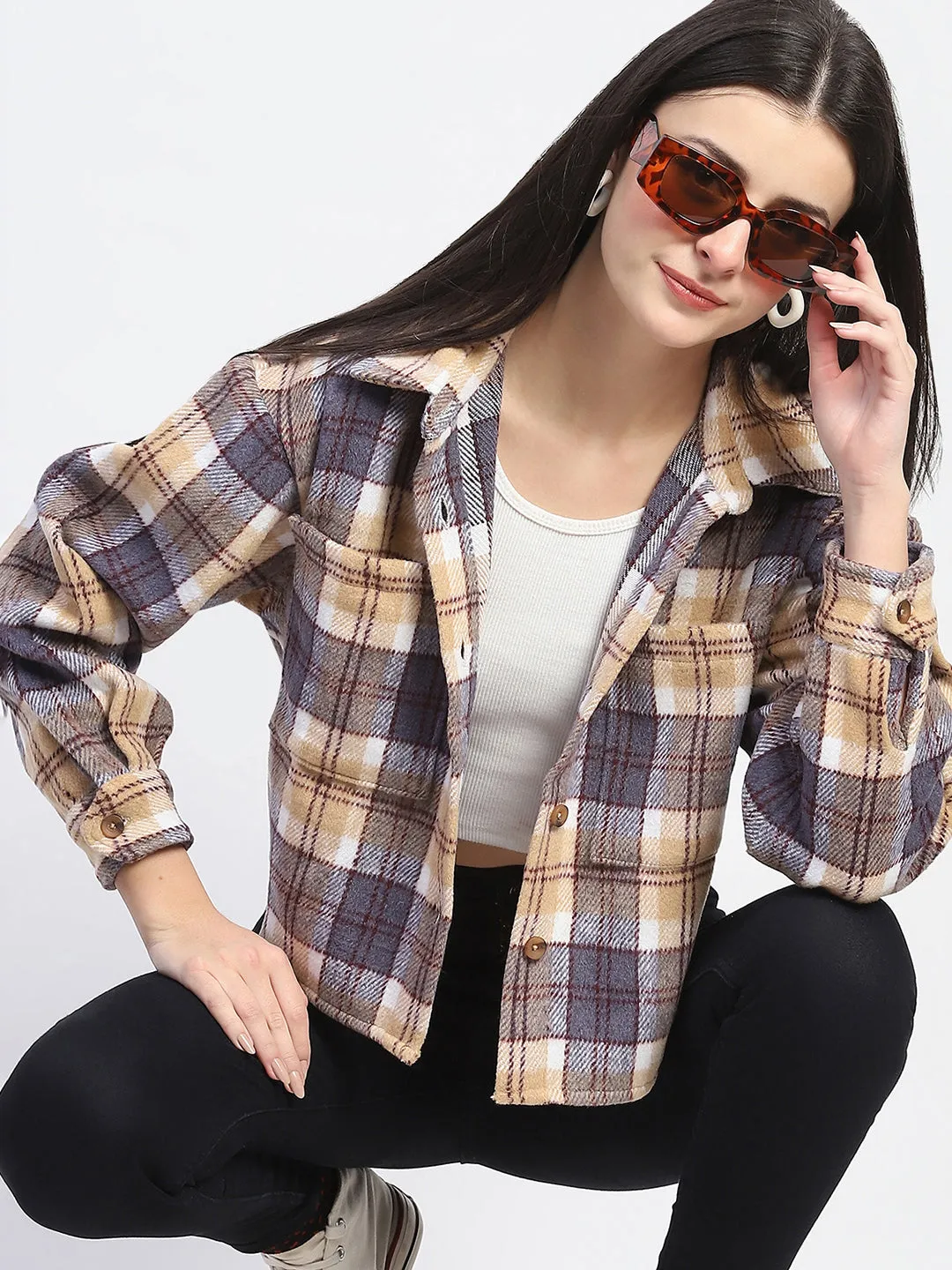 Madame Chequered Loose Fit Grey Crop Shacket