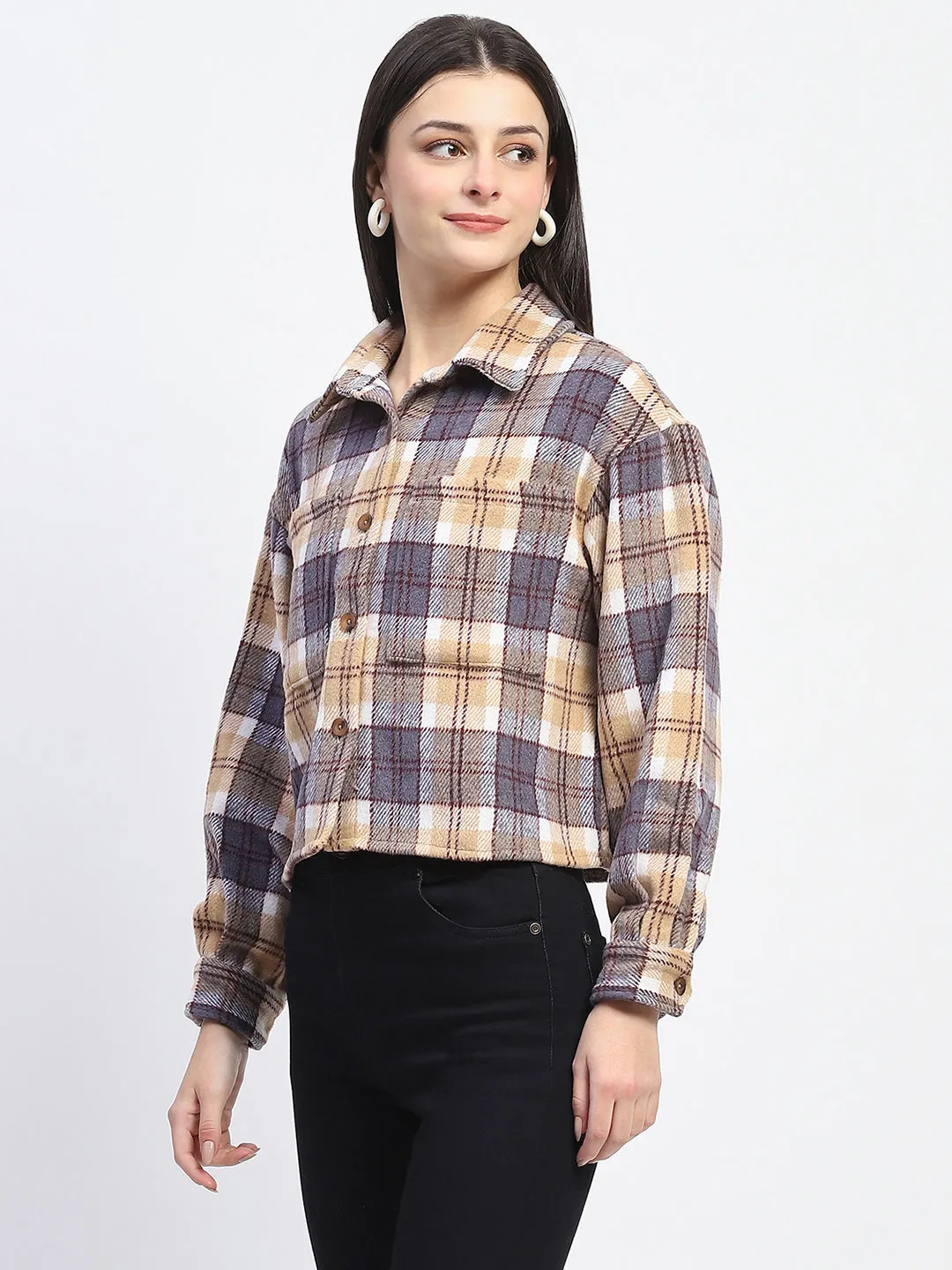 Madame Chequered Loose Fit Grey Crop Shacket