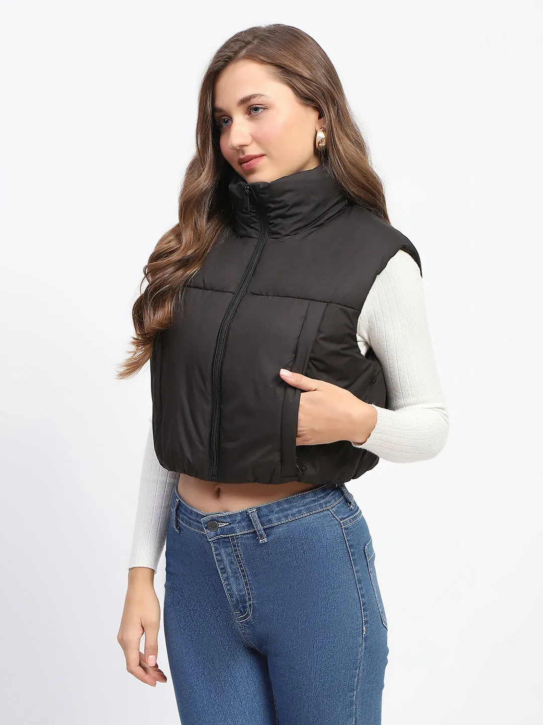 Madame High Neck Sleeveless Black Crop Puffer Jacket