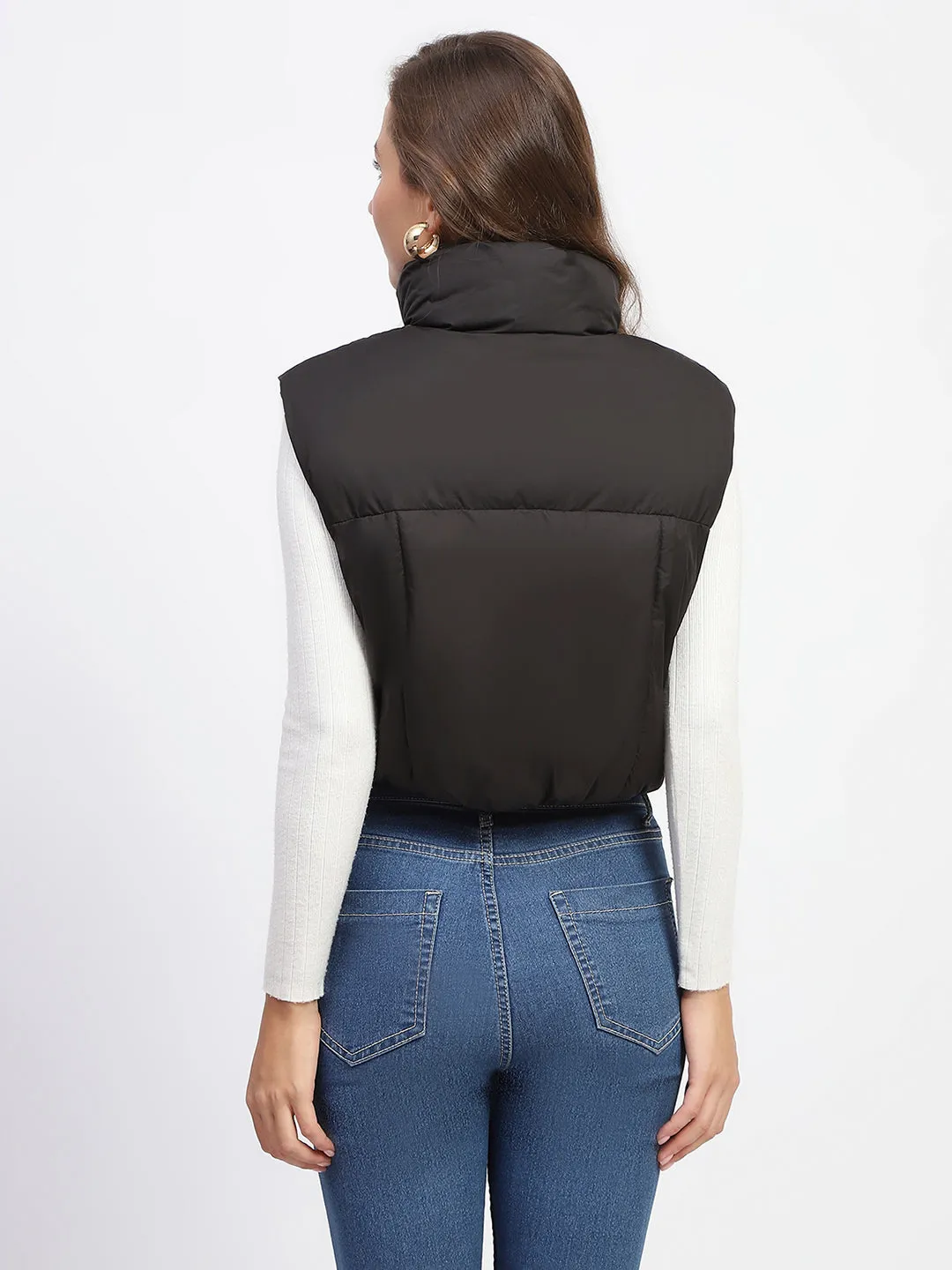 Madame High Neck Sleeveless Black Crop Puffer Jacket