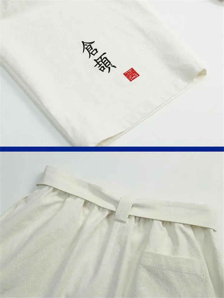 Mandarin Style Drawstring Wide Leg Calf-Length Linen Pocket Pants