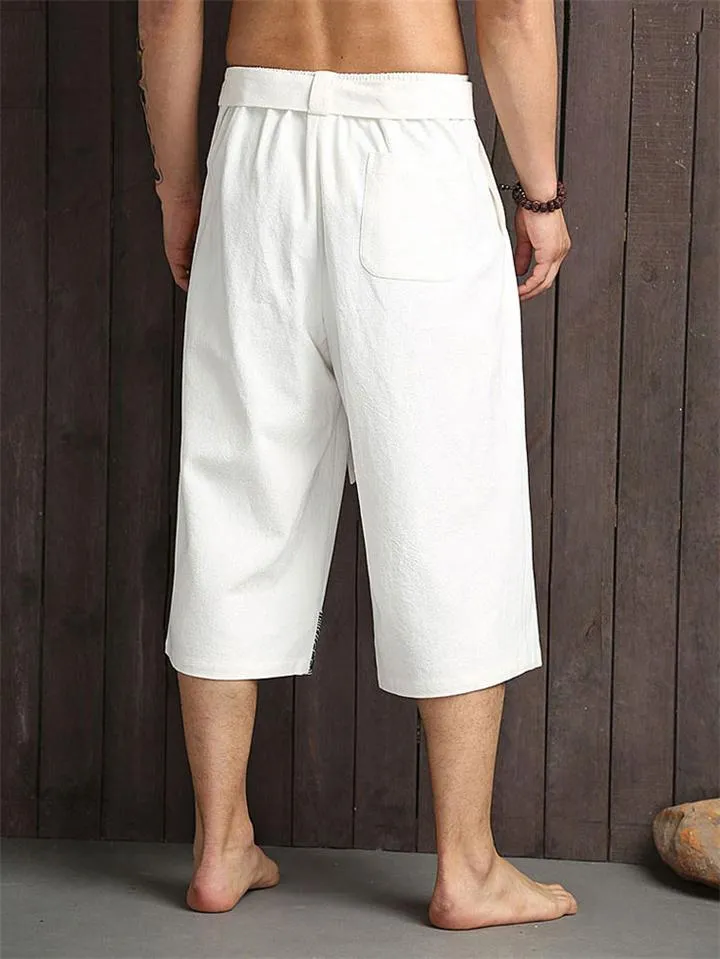 Mandarin Style Drawstring Wide Leg Calf-Length Linen Pocket Pants