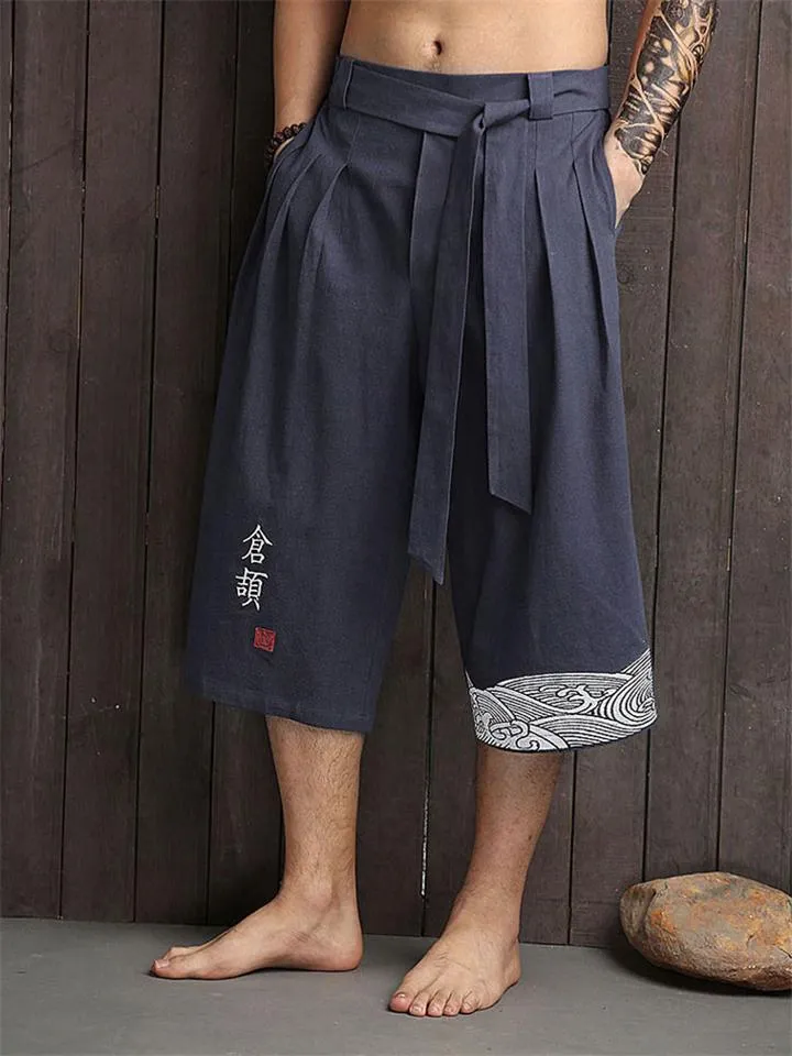 Mandarin Style Drawstring Wide Leg Calf-Length Linen Pocket Pants