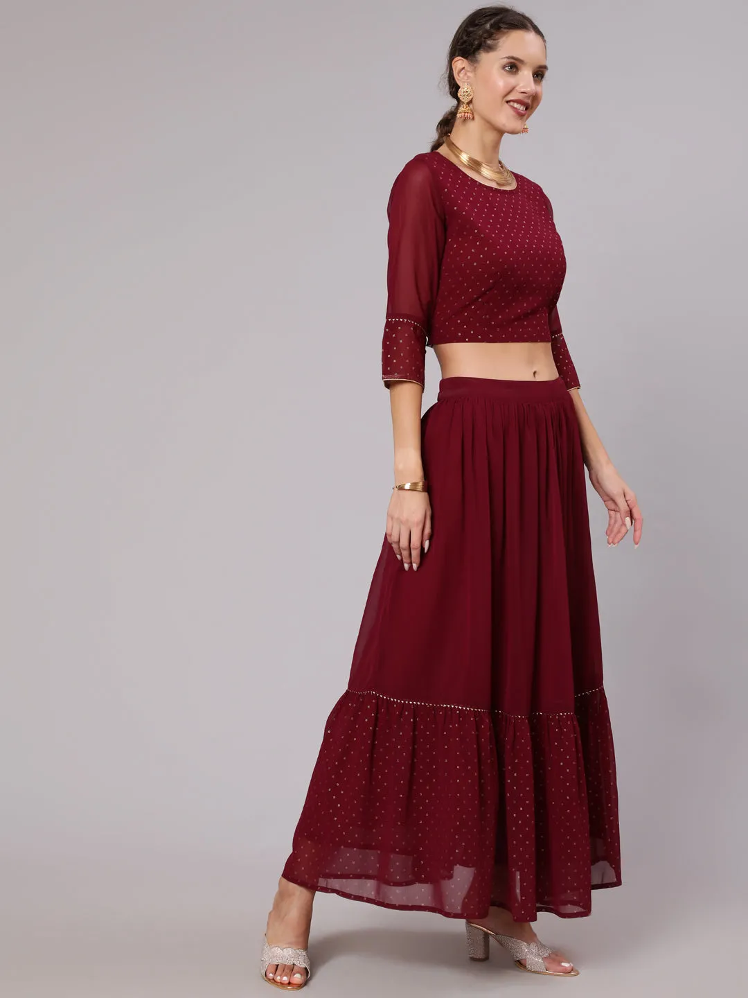 Maroon Georgette Gold Print Embellished Lehnga Has Crop Top, Skirt And Dupatta