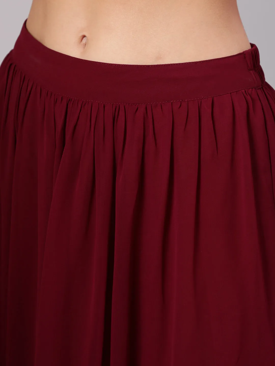 Maroon Georgette Gold Print Embellished Lehnga Has Crop Top, Skirt And Dupatta