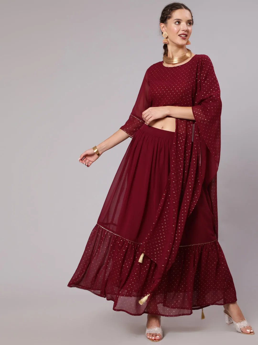 Maroon Georgette Gold Print Embellished Lehnga Has Crop Top, Skirt And Dupatta