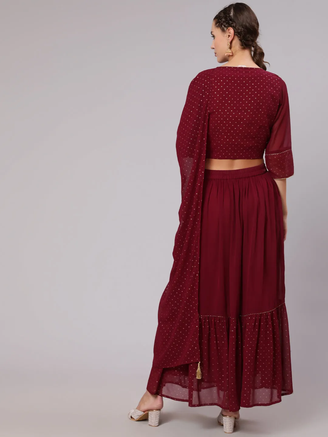 Maroon Georgette Gold Print Embellished Lehnga Has Crop Top, Skirt And Dupatta