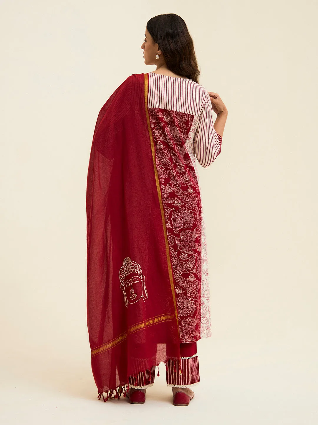 Maroon Handblock Printed Buddha Embroidered Suit Set