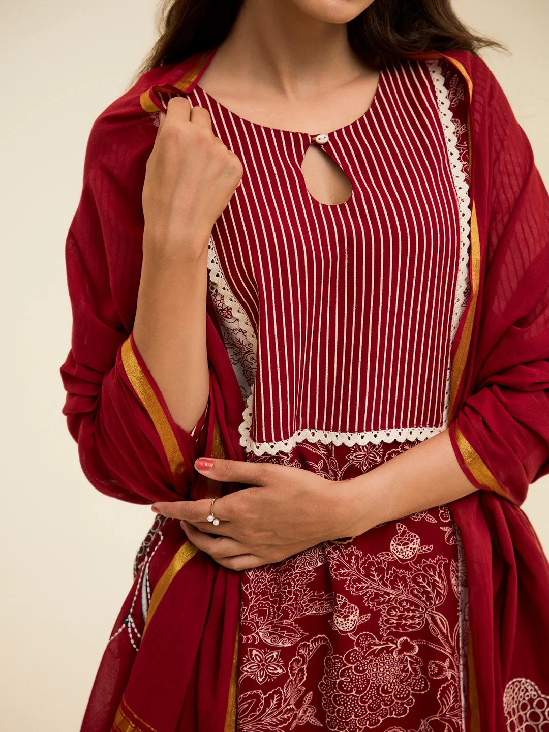 Maroon Handblock Printed Buddha Embroidered Suit Set