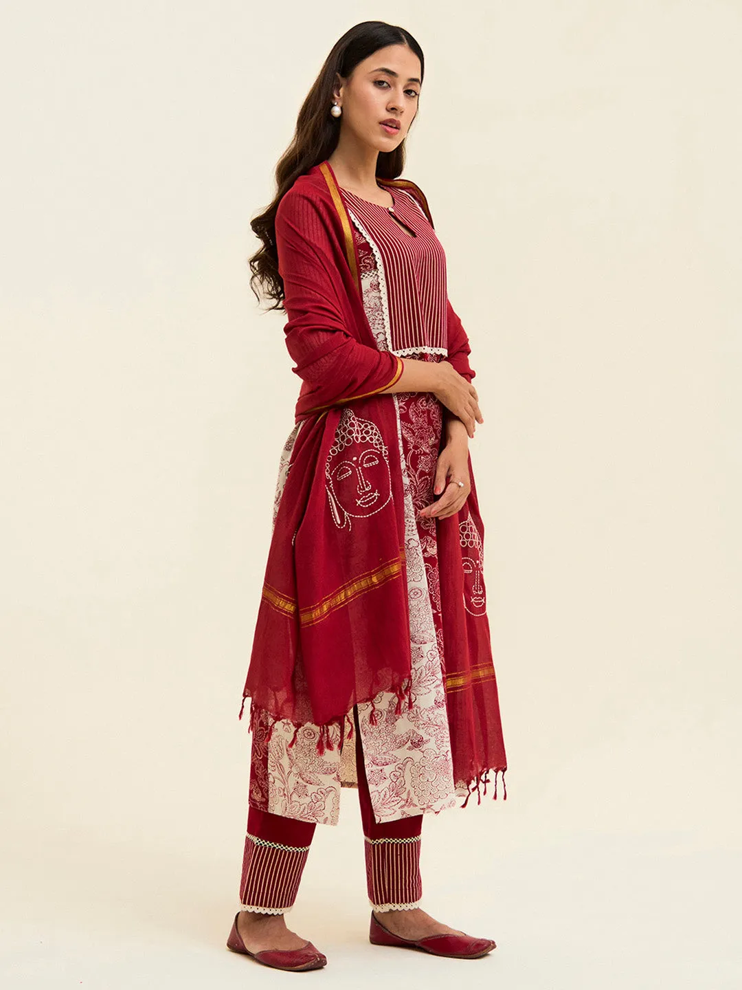 Maroon Handblock Printed Buddha Embroidered Suit Set