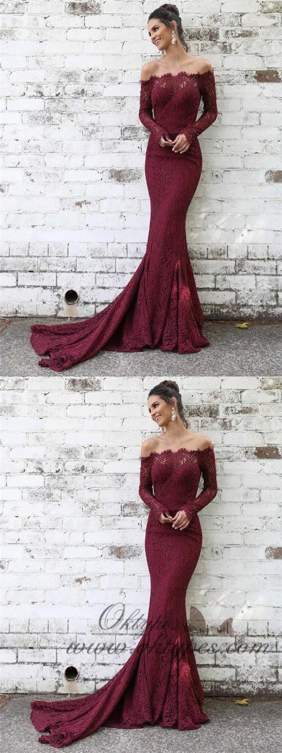 Maroon Long Sleeve Lace Mermaid Off-the-shoulder Prom Dresses, TYP1454
