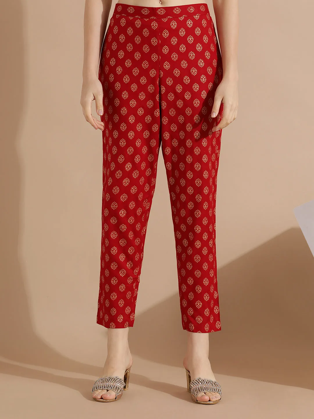 Maroon Rayon Kurta With Printed Pants
