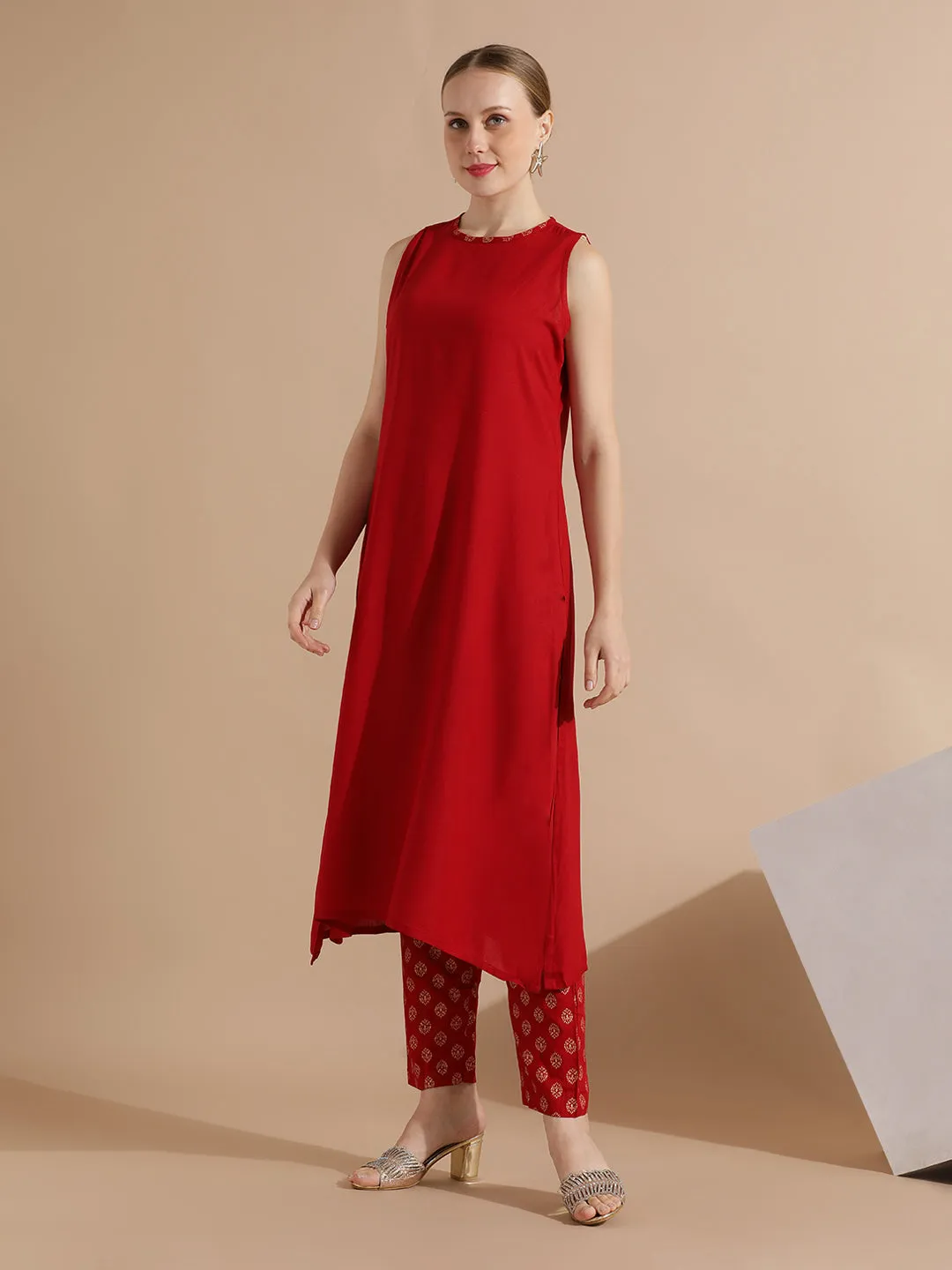Maroon Rayon Kurta With Printed Pants