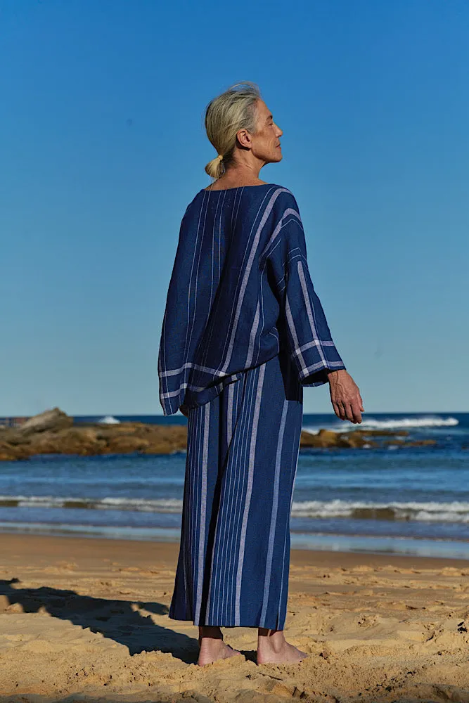 Mata Belted Crop Pant - Stripe Linen Indigo