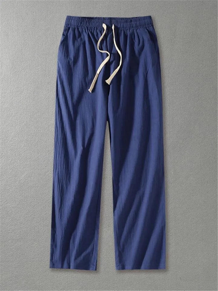 Mens Loose Casual Vertical Linen Solid Color Pants