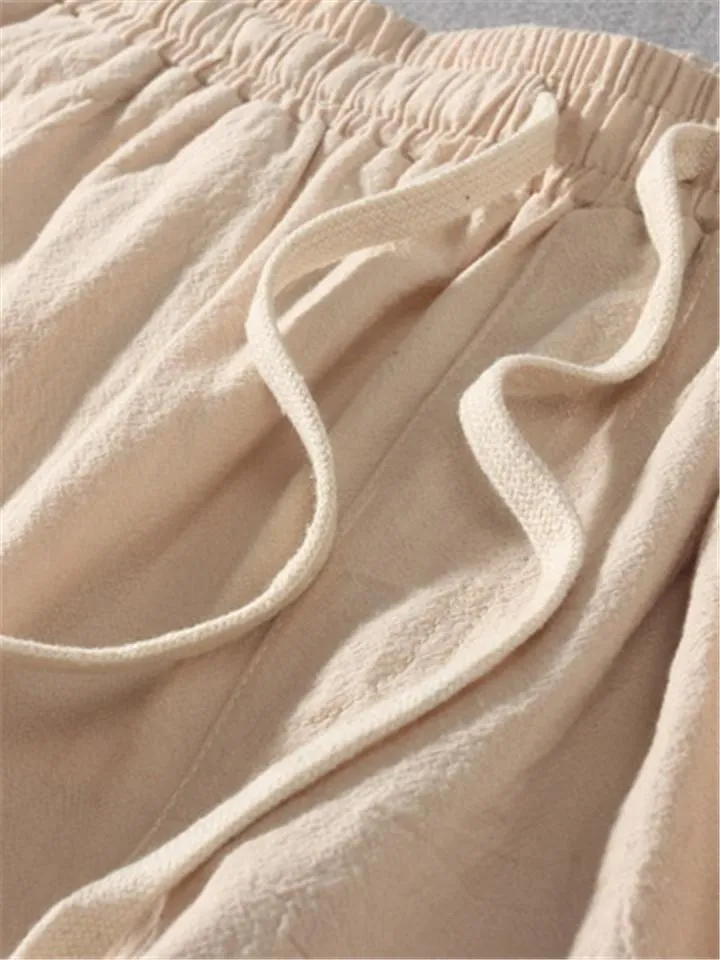 Mens Loose Casual Vertical Linen Solid Color Pants