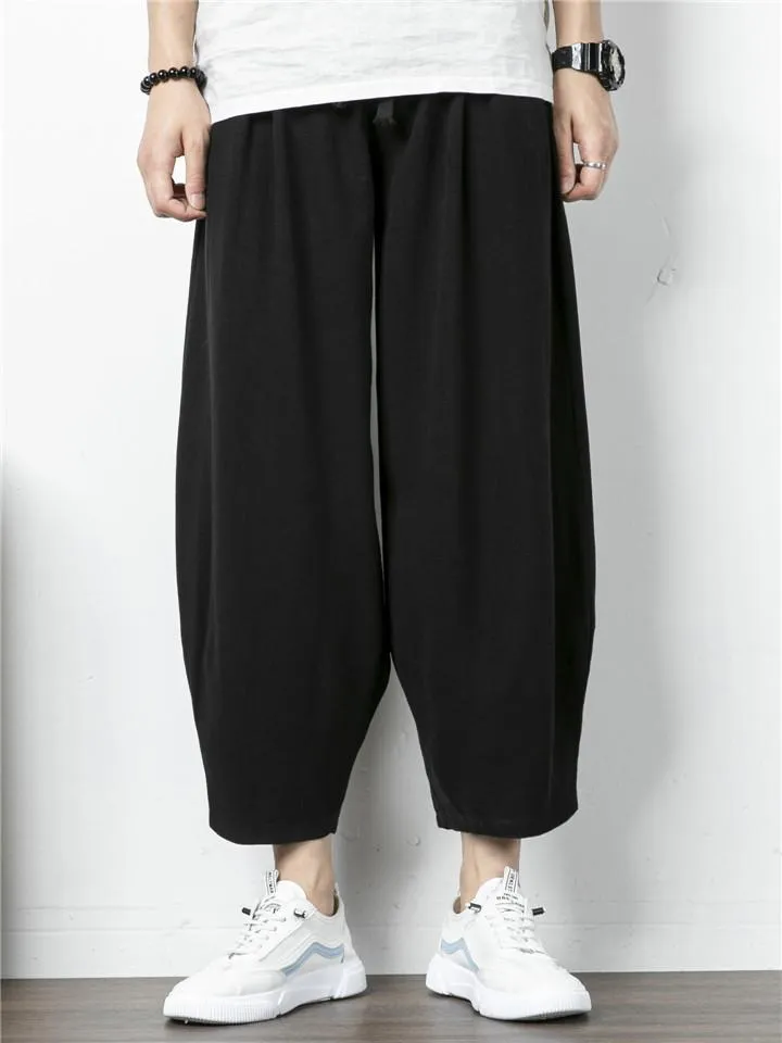 Mens Loose Comfy Linen Solid Color Hipster Pants