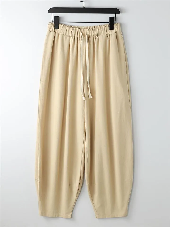 Mens Loose Plain Solid Color Linen Casual Pants