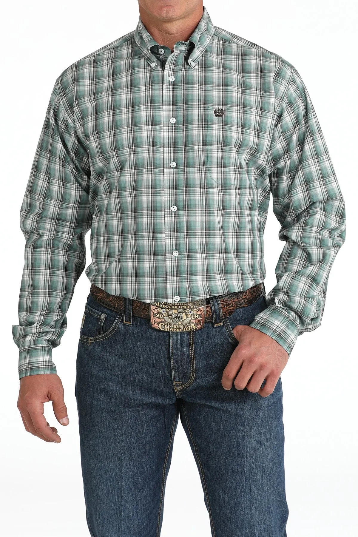 Men's Plaid Print Button-Down Western Shirt - Green - (MTW1105828)