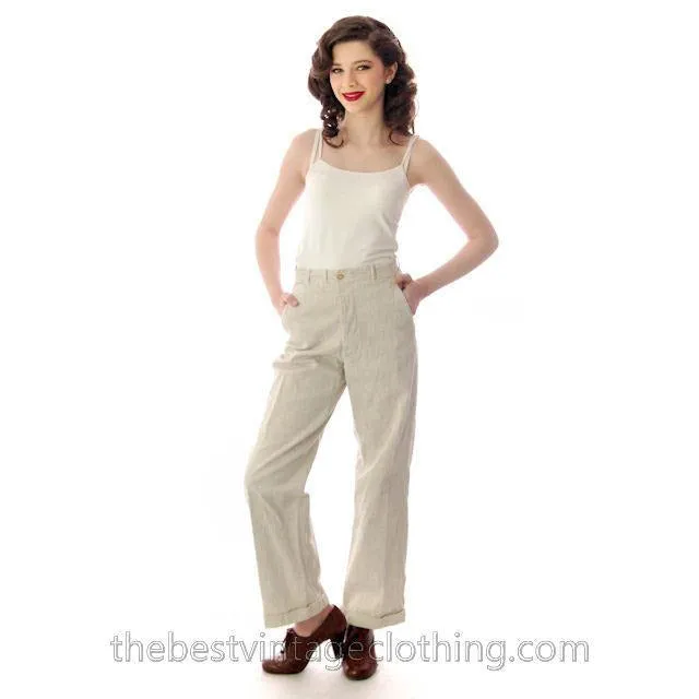 Mens Vintage Side Buckle Button Fly Pants 1930s Gray/White Pinstripe Cotton 36/27