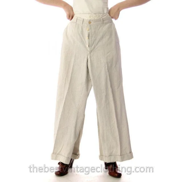 Mens Vintage Side Buckle Button Fly Pants 1930s Gray/White Pinstripe Cotton 36/27