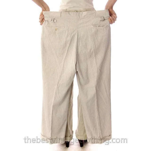 Mens Vintage Side Buckle Button Fly Pants 1930s Gray/White Pinstripe Cotton 36/27