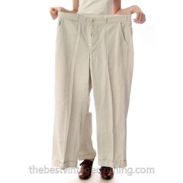 Mens Vintage Side Buckle Button Fly Pants 1930s Gray/White Pinstripe Cotton 36/27
