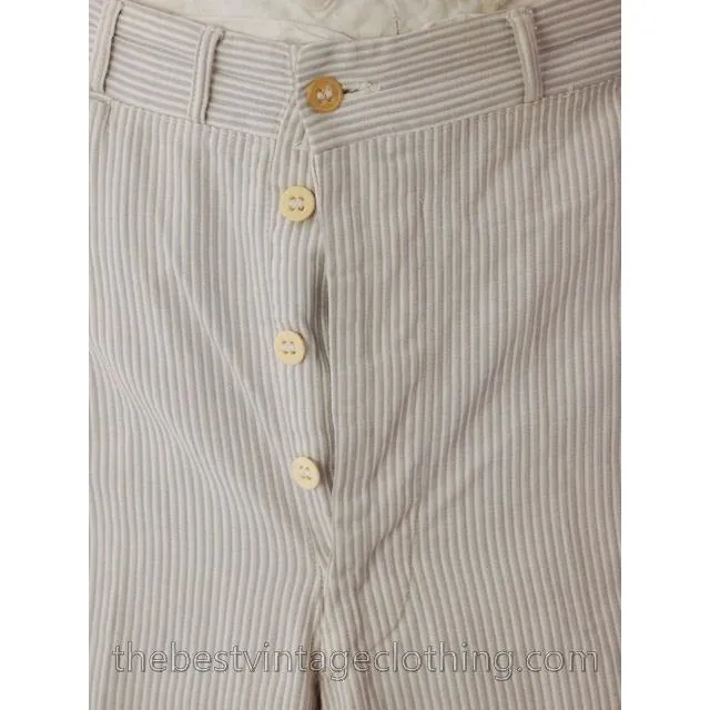 Mens Vintage Side Buckle Button Fly Pants 1930s Gray/White Pinstripe Cotton 36/27