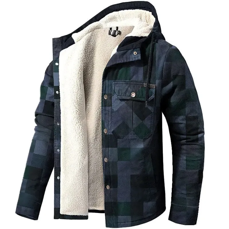 Men's Warm Sherpa-Lined Plaid Flannel Jacket with Hood
