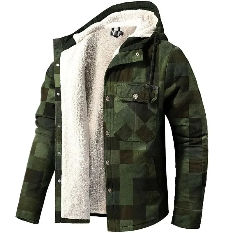 Men's Warm Sherpa-Lined Plaid Flannel Jacket with Hood