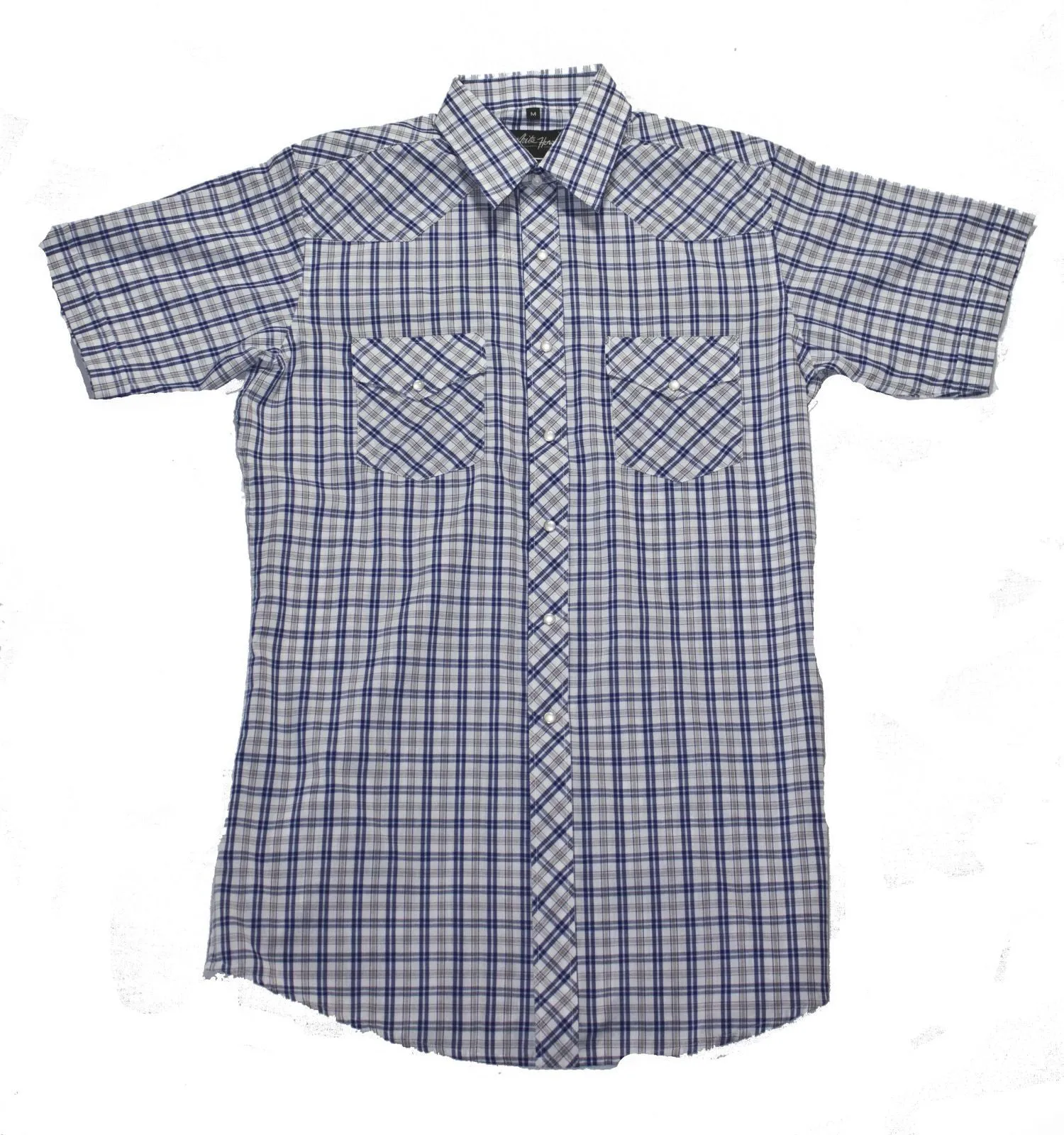 Men's Western Shirt: White Horse Short Sleeve Plaid Blue Tan