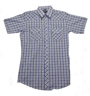 Men's Western Shirt: White Horse Short Sleeve Plaid Blue Tan